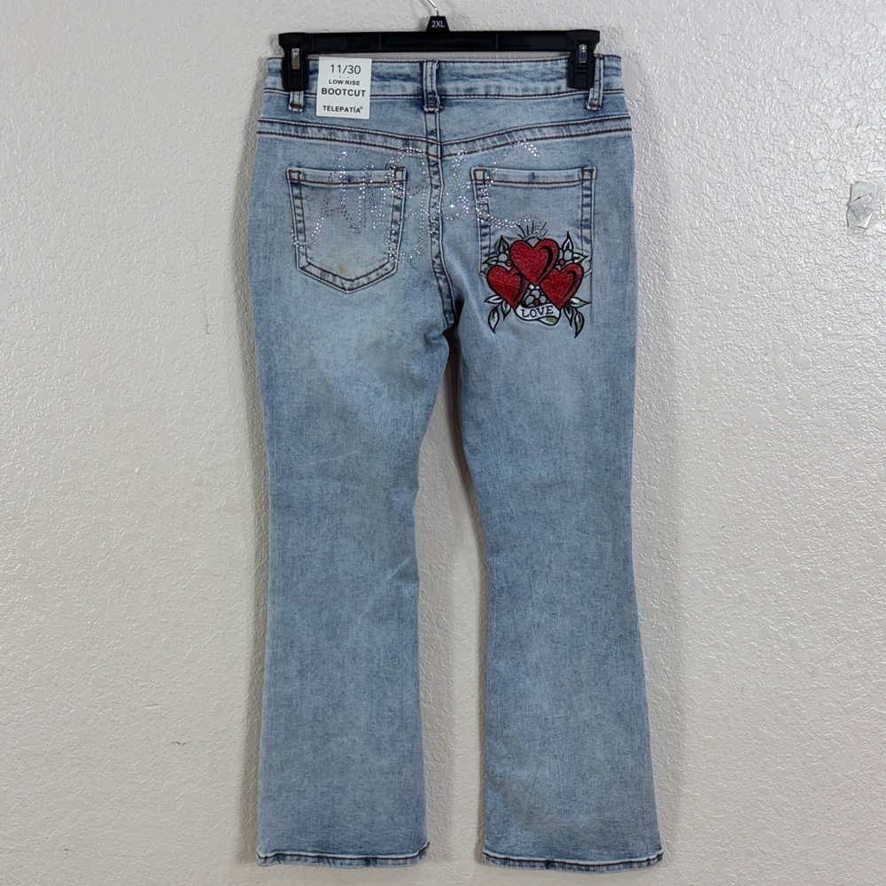 Telepatia Heart Embroidered Light Blue Bootcut Jeans,Size 11/30 - Picture 5 of 17